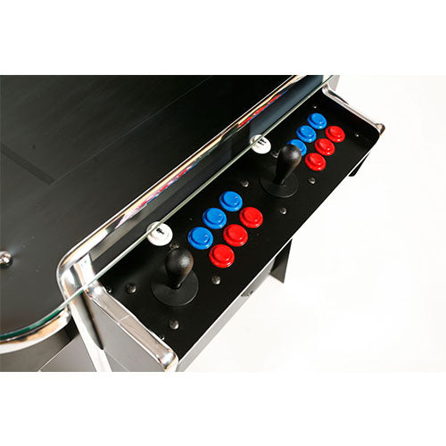 Synergy Play sit-down arcade machine dual player control panel closeup