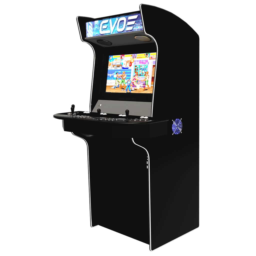 Evo Play 4 player arcade machine in black front right profile