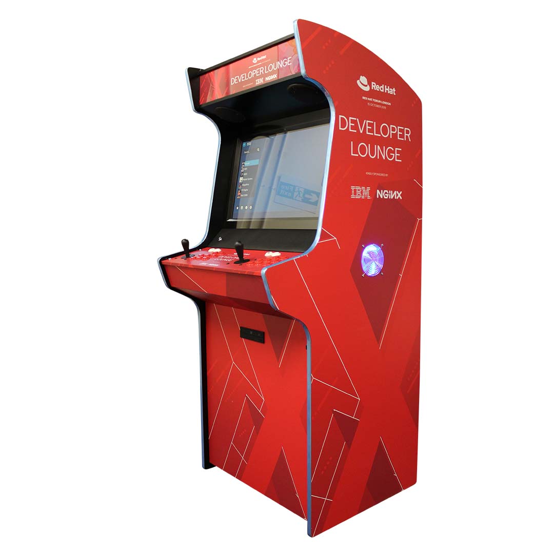 Evo Media arcade machine with Red Hat decals front right profile