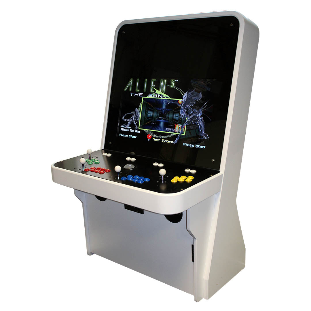 Nu-Gen Elite arcade machine in black and white with 4 player controls front right profile