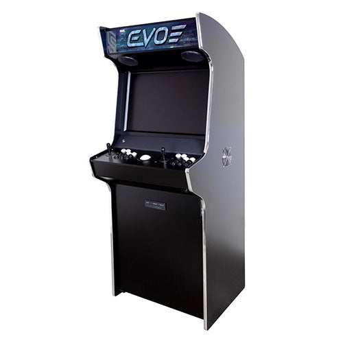 Evo Play arcade machine in black front right profile