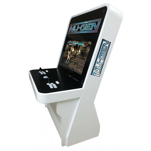 Nu-Gen Play arcade machine in black and white front right profile