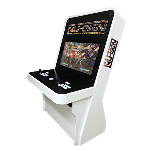 Nu-Gen Play arcade machine in black and white front profile 2