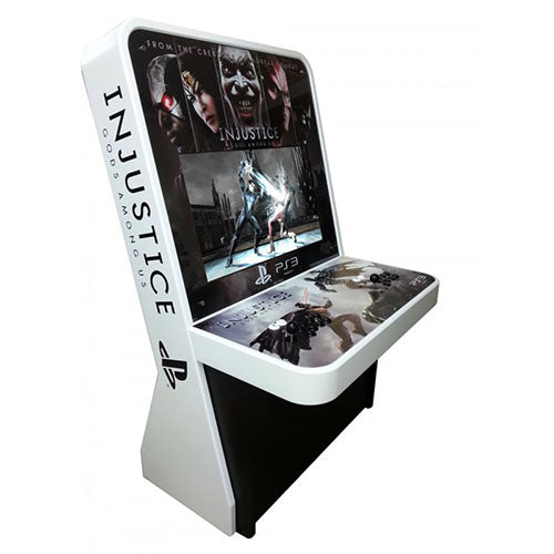 Nu-Gen Media arcade machine in black and white with Injustic decals front left profile