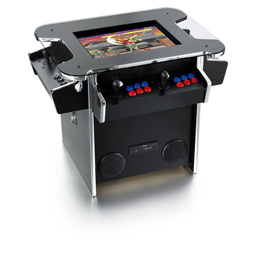 Synergy Play sit-down arcade machine in black front left profile