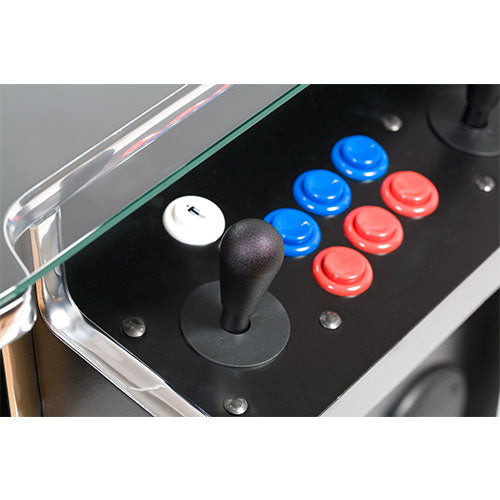 Synergy Elite sit-down arcade machine in black player one controls closeup