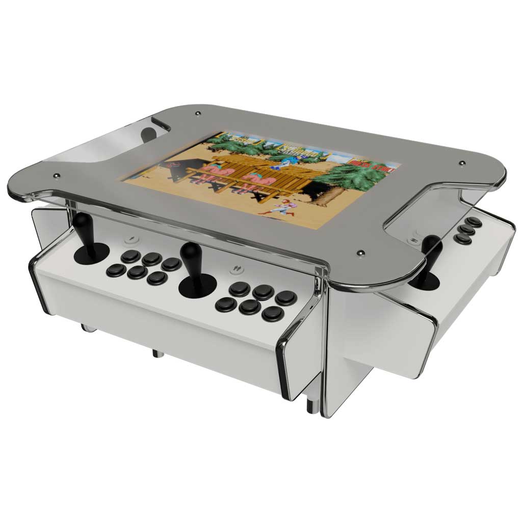 Synergy Media coffee table arcade machine in white front right profile