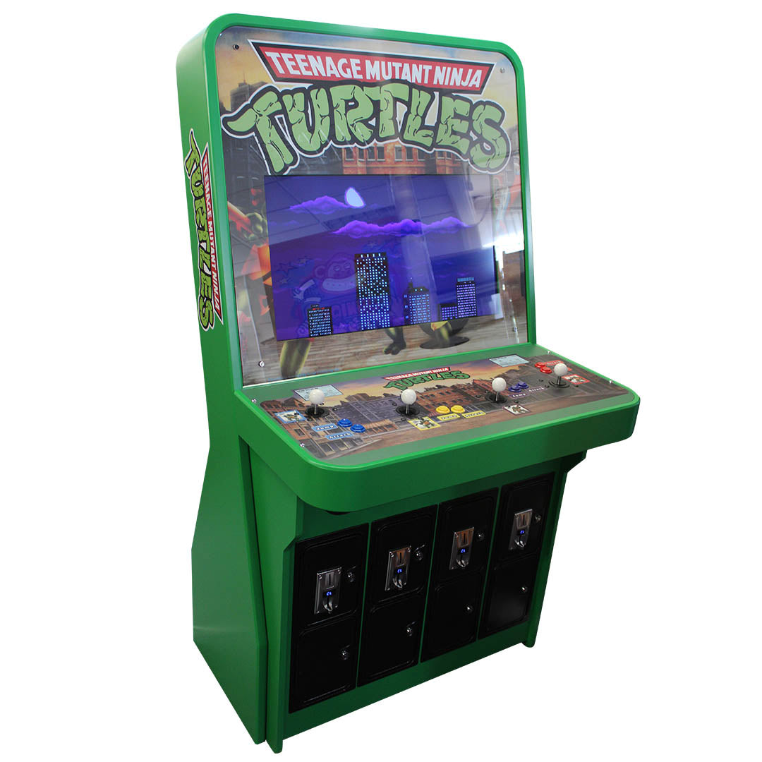 Nu-Gen Stand-up Play arcade machine in green with TMNT decals front left profile