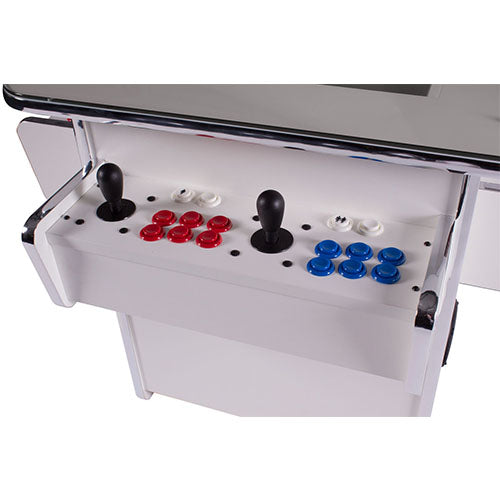 gt white sit-at arcade cabinet with red buttons