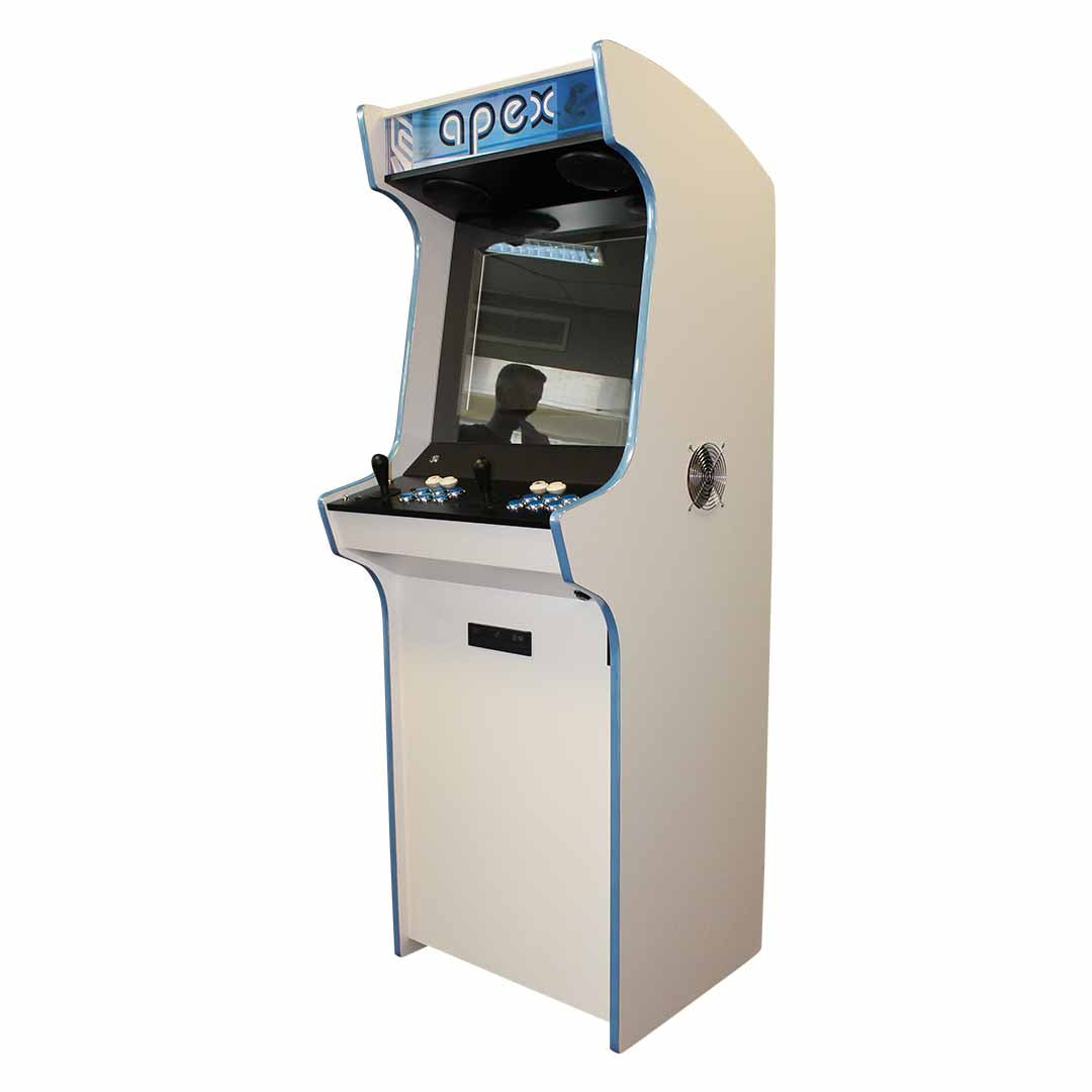 Apex Play arcade machine in black and white front right profile