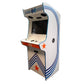 Evo Play arcade machine in white with custom decal finish front right profile