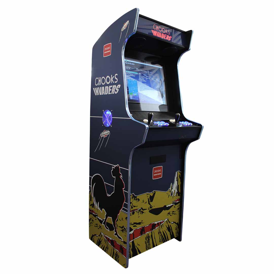 Apex Media arcade machine with Chooks Invaders Decals from front left profile