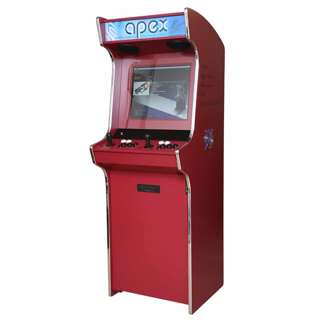 Apex Elite arcade machine in Dragon's Blood red with front right profile