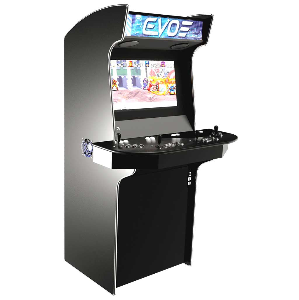 Evo Play 4 player arcade machine in black front left profile