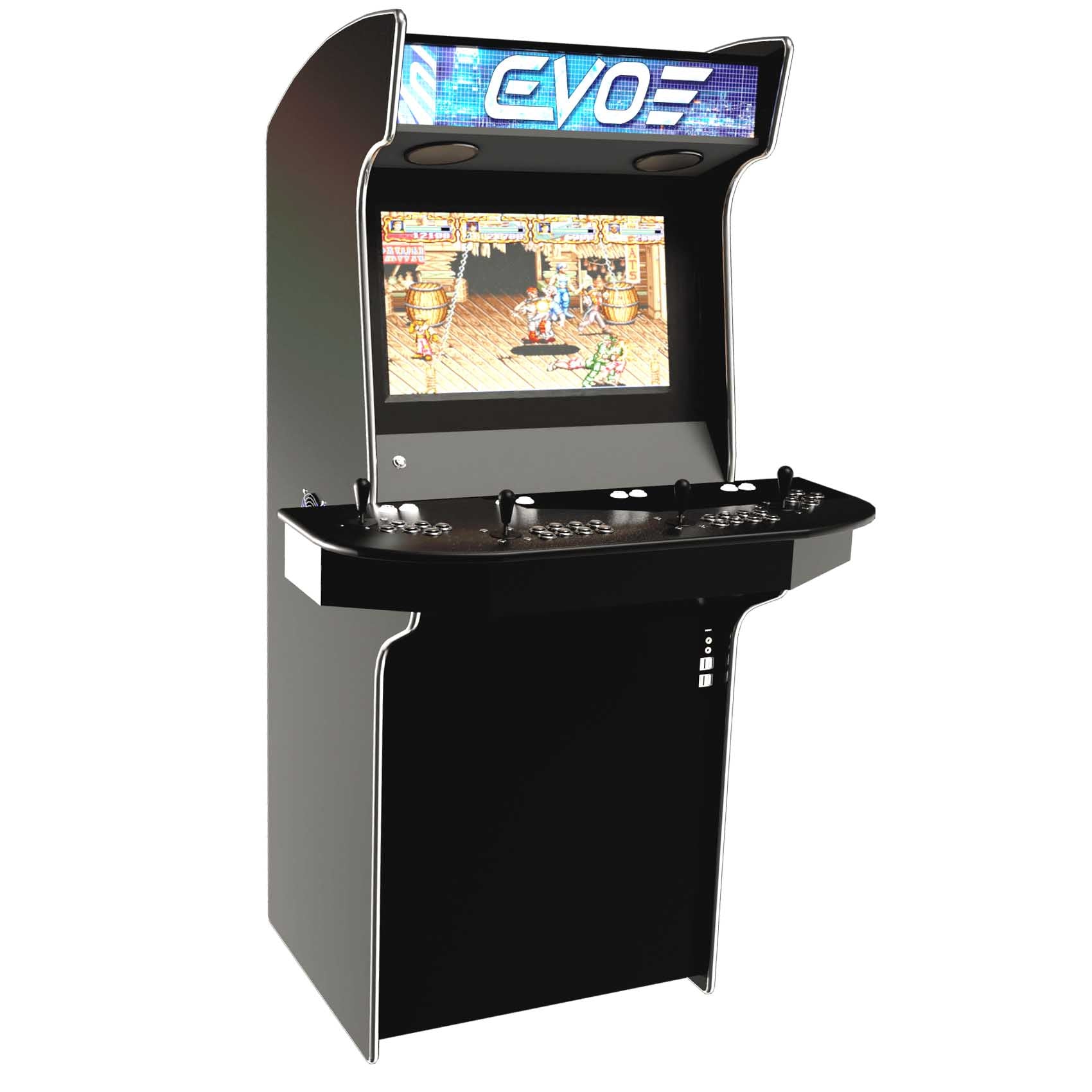 Evo Play 4 player arcade machine in black front left profile 2