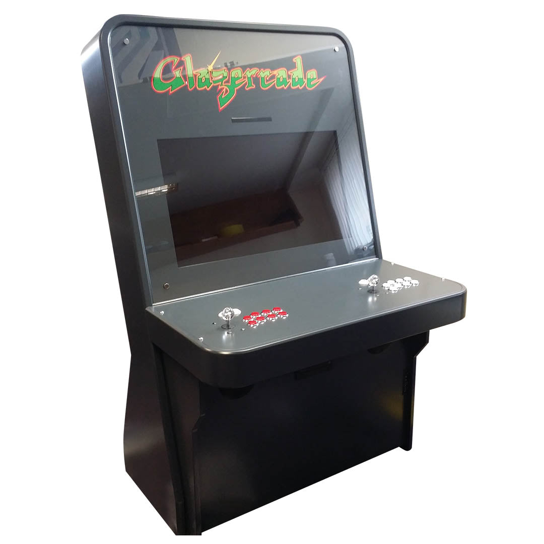 Nu-Gen Media arcade machine in Anthracite grey with custom Glazercade decals front left profile