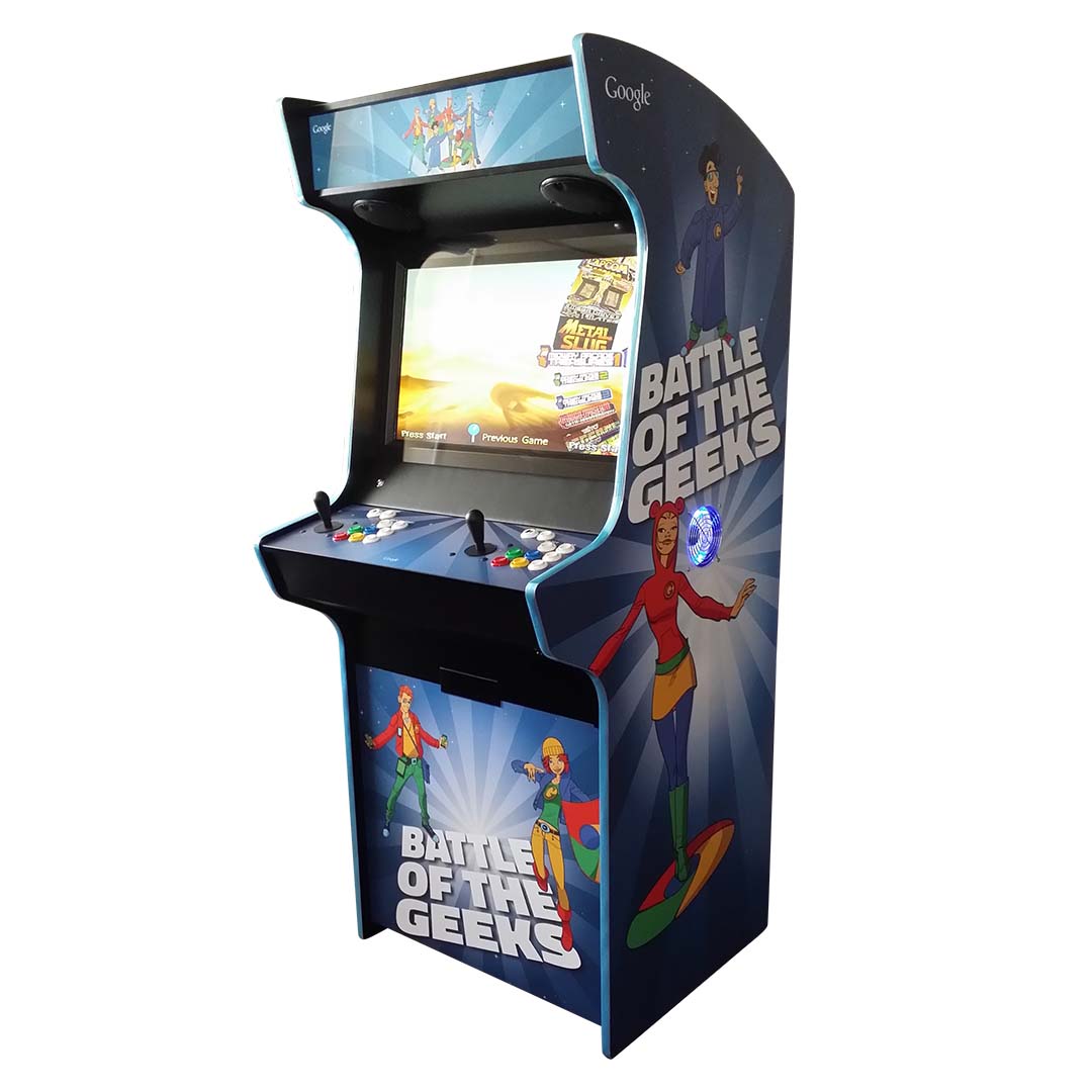 Evo Play arcade machine with Google Battle of the Geeks decal front right profile