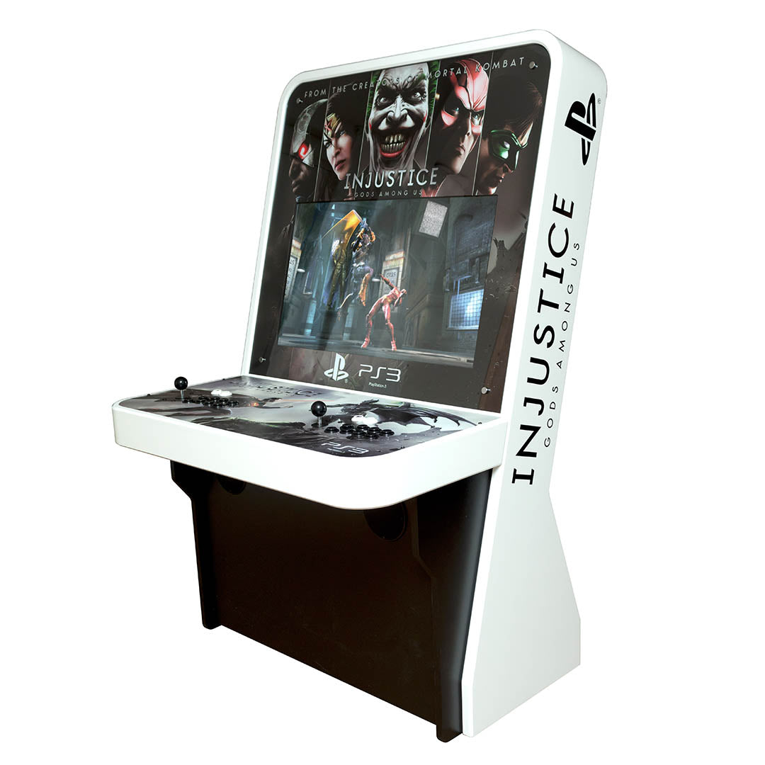 Nu-Gen Media arcade machine in black and white with Injustice decals front right profile