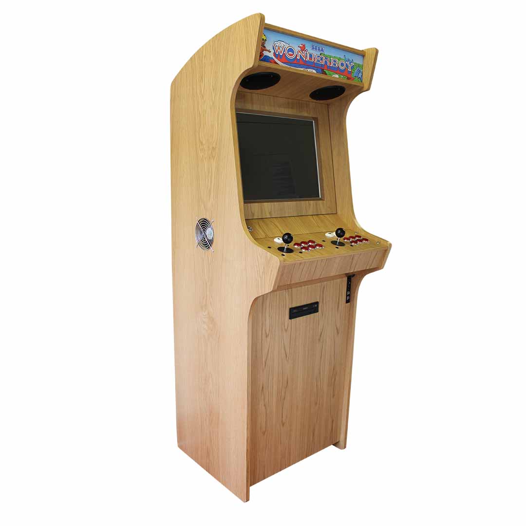 Apex Elite arcade machine in light oak wood veneer with front left profile