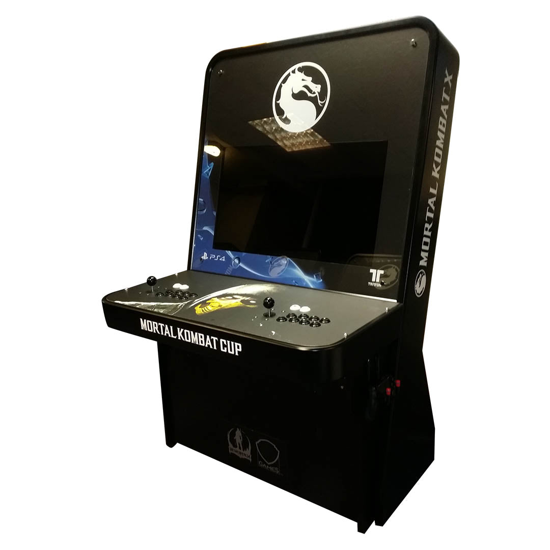 Nu-Gen Elite arcade machine in black with Mortal Kombat X decals front left profile