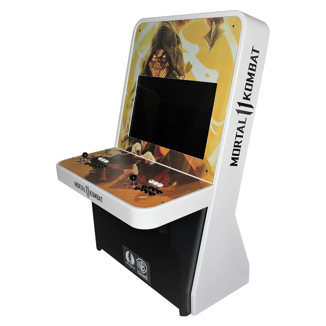 Nu-Gen Media arcade machine in black and white with Mortal Kombat 11 decals front right profile