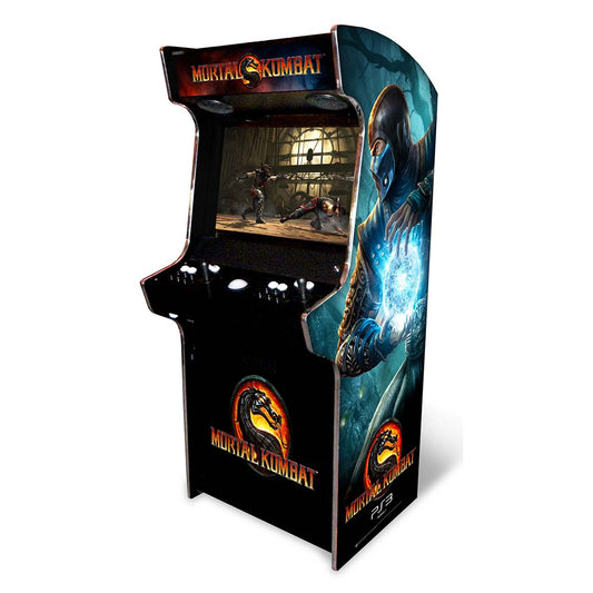 Evo Media arcade machine with Mortal Kombat Decals front right profile