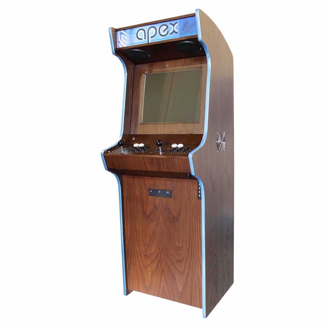 Apex Media arcade machine in dark oak veneer with front left profile