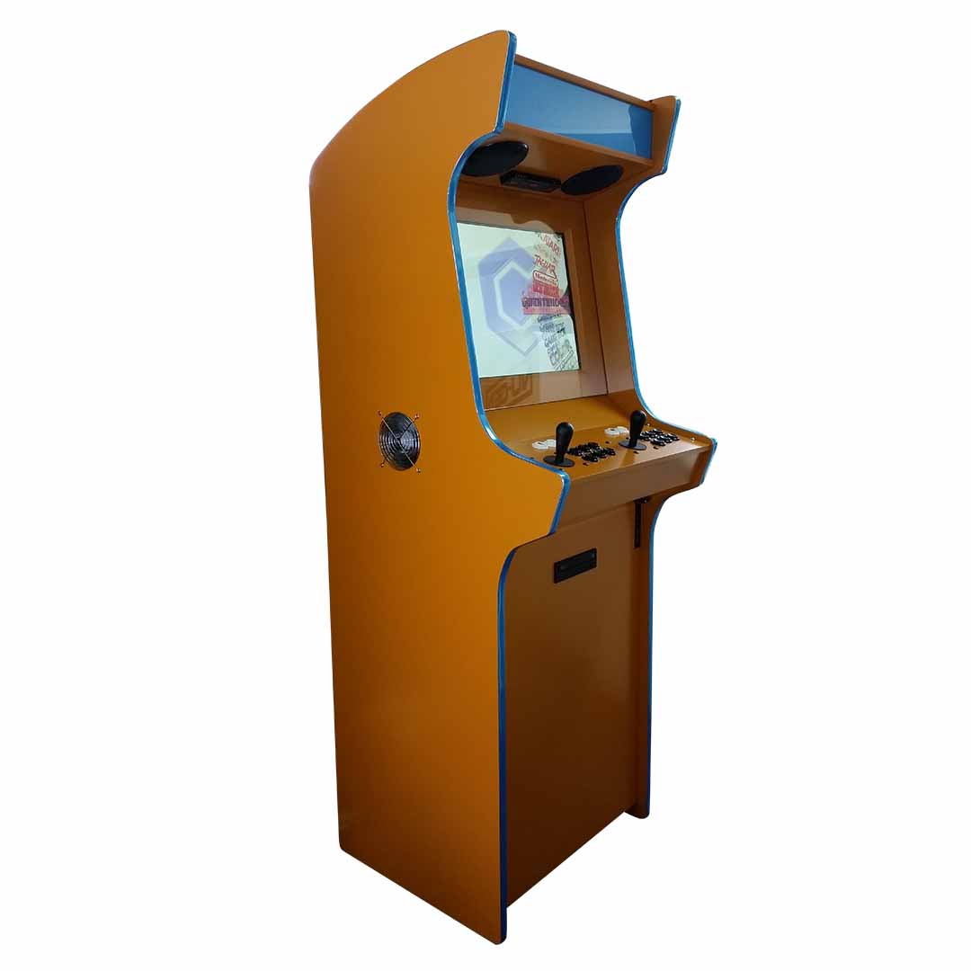 Apex Media arcade machine in orange with front left profile
