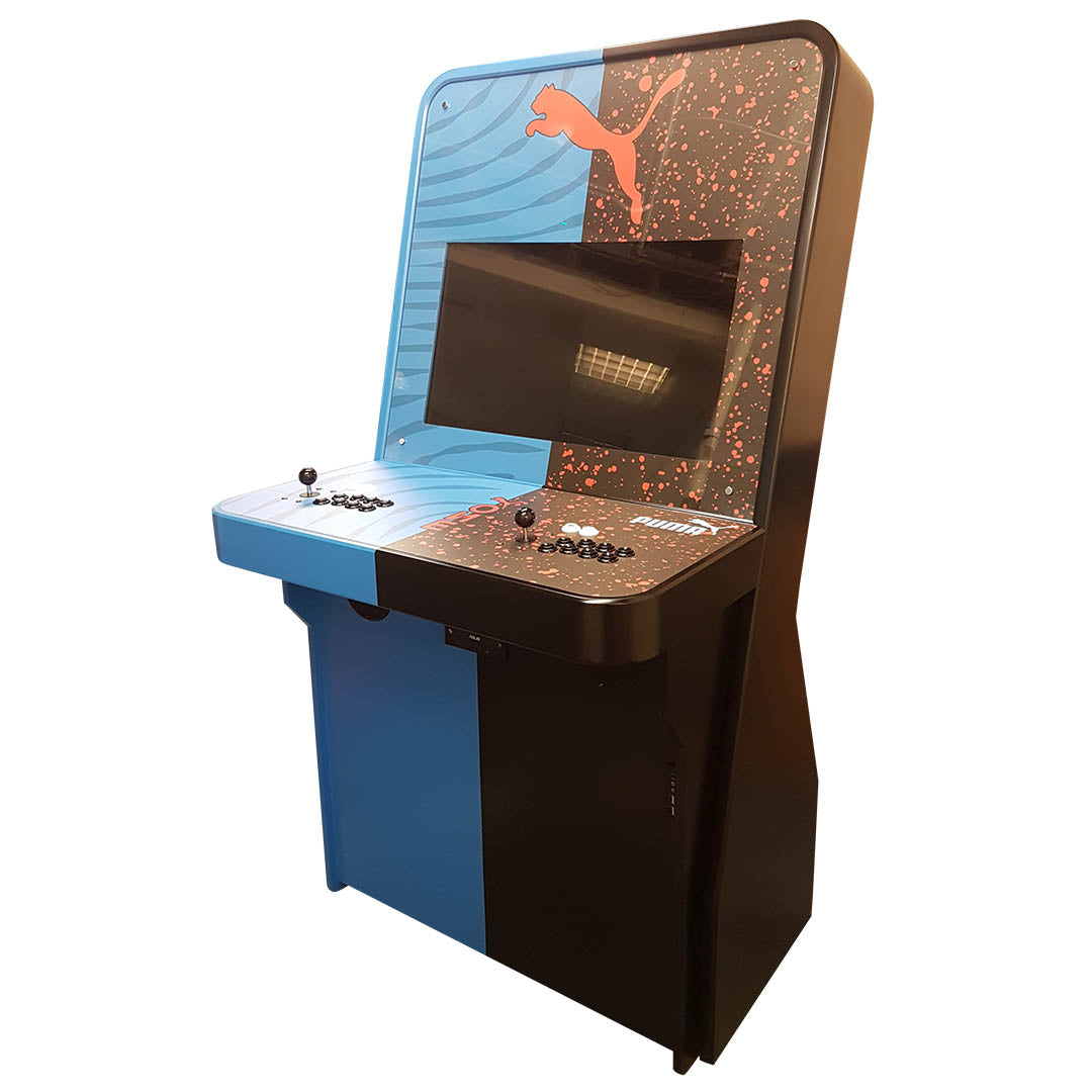 Nu-Gen Stand-up Elite arcade machine in blue and black with Puma decals front right profile