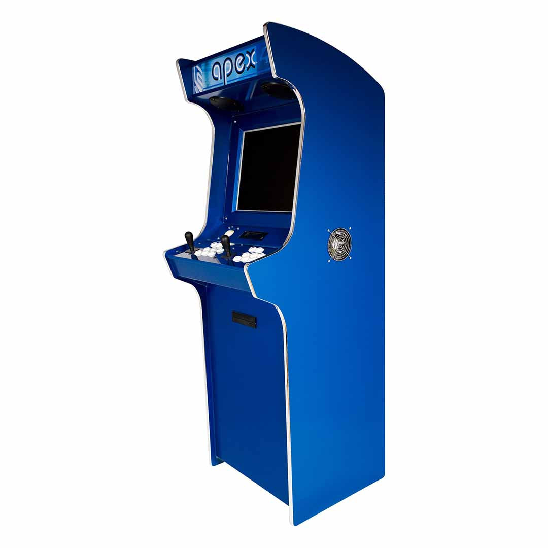 Apex Elite arcade machine in Subaru Blue with front right profile