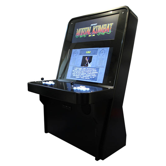 Nu-Gen Media arcade machine in black with dual screens front right profile