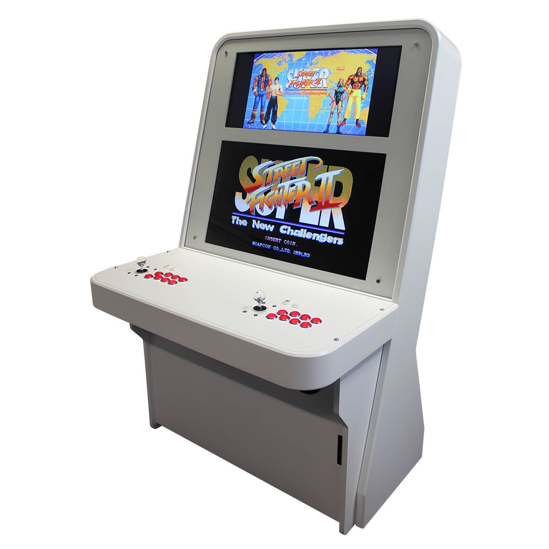 Nu-Gen Play arcade machine in white with dual screen front right profile