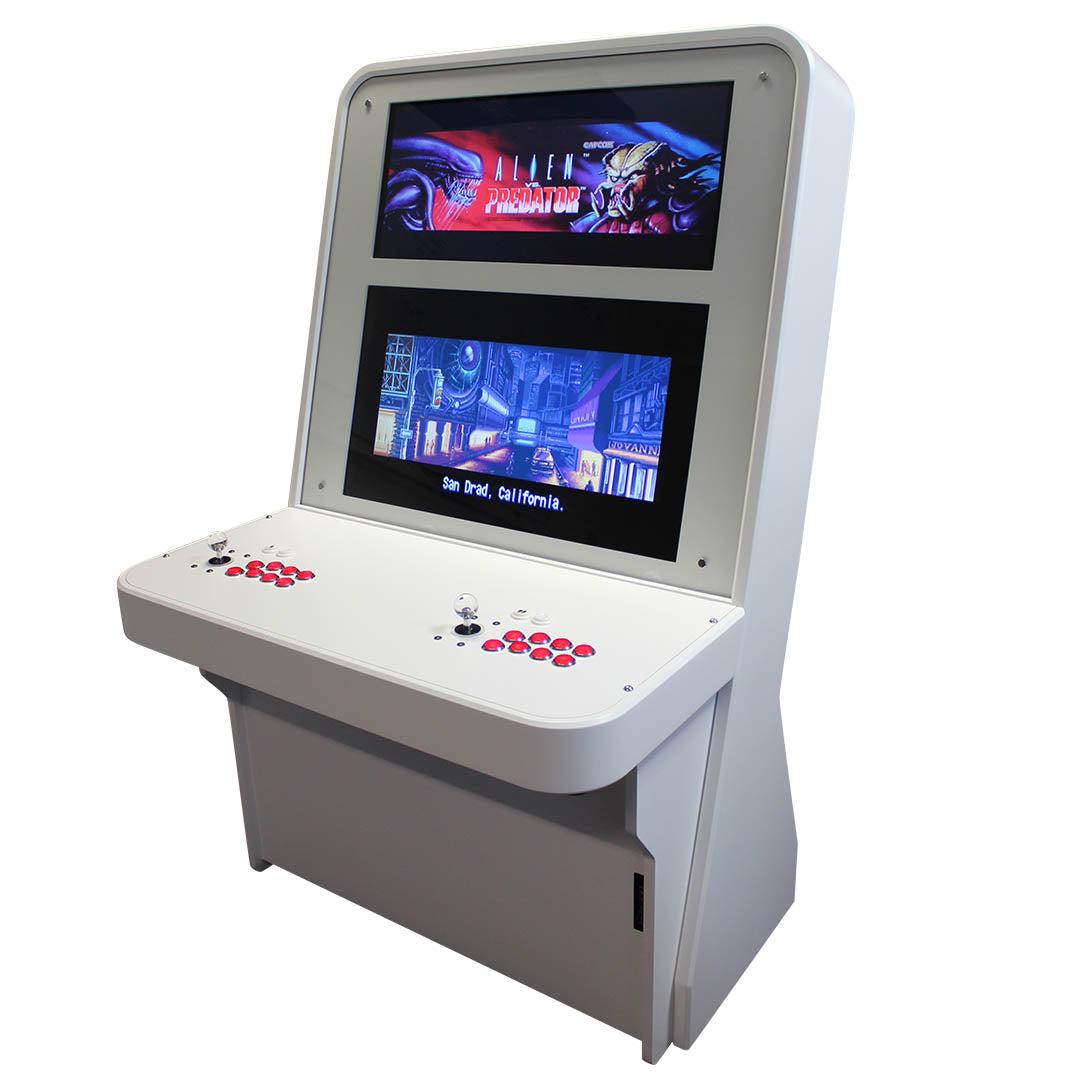 Nu-Gen Elite arcade machine in white with dual monitors front right profile