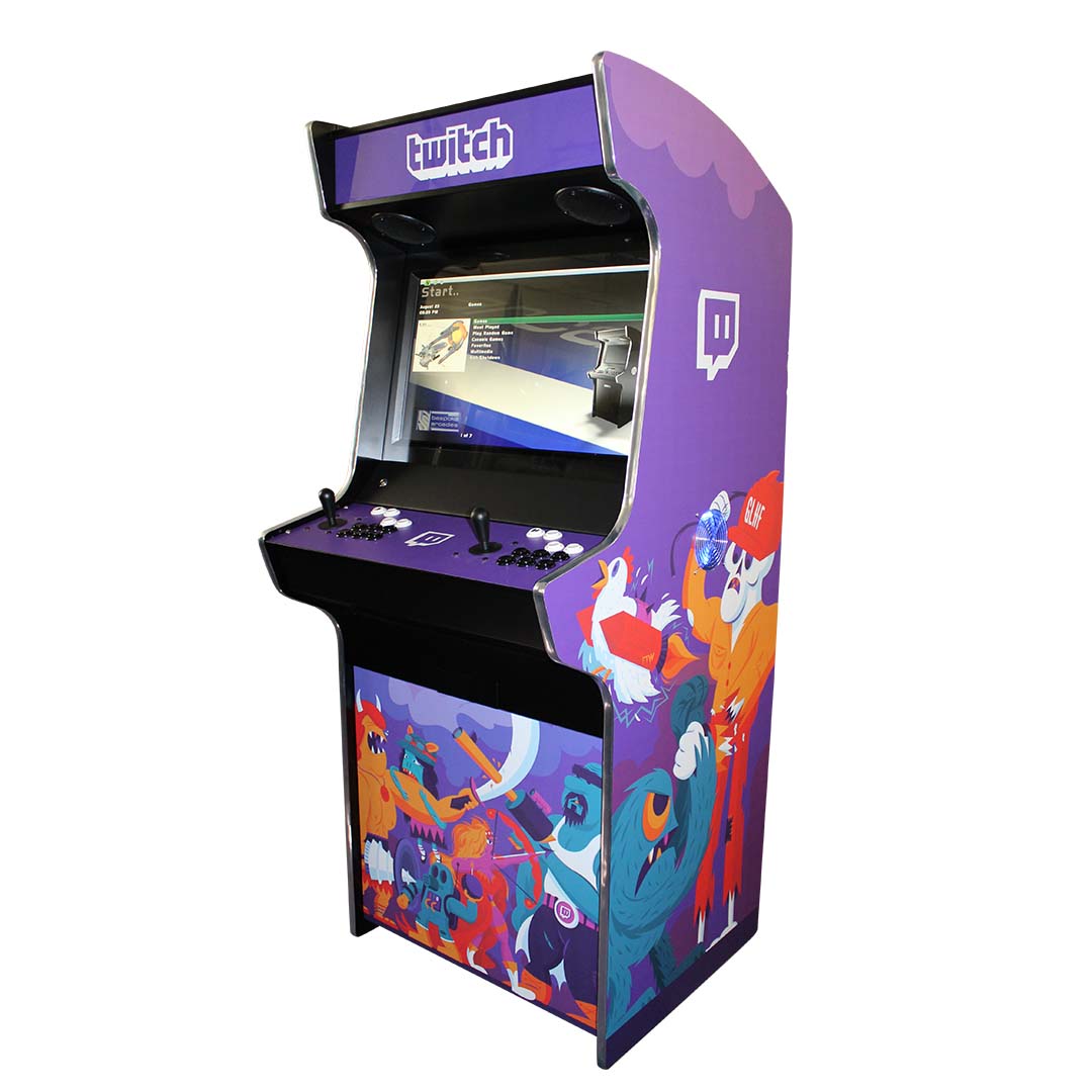 Evo Elite arcade machine with Twitch decals. Front right profile
