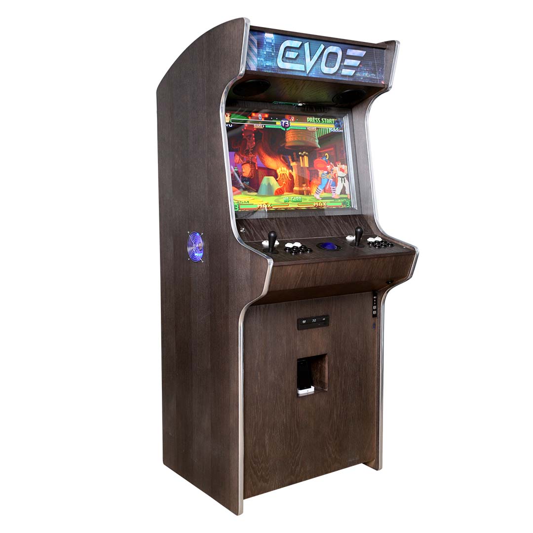 Evo Elite arcade machine in dark walnut veneer with iPhone dock front left profile