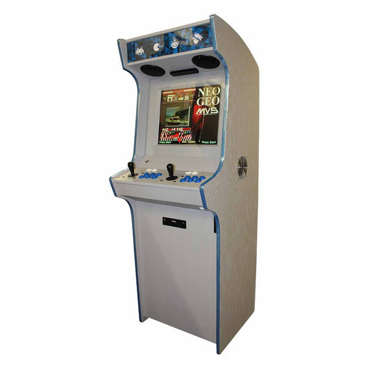 Apex Play arcade machine in white oak veneer with front right profile